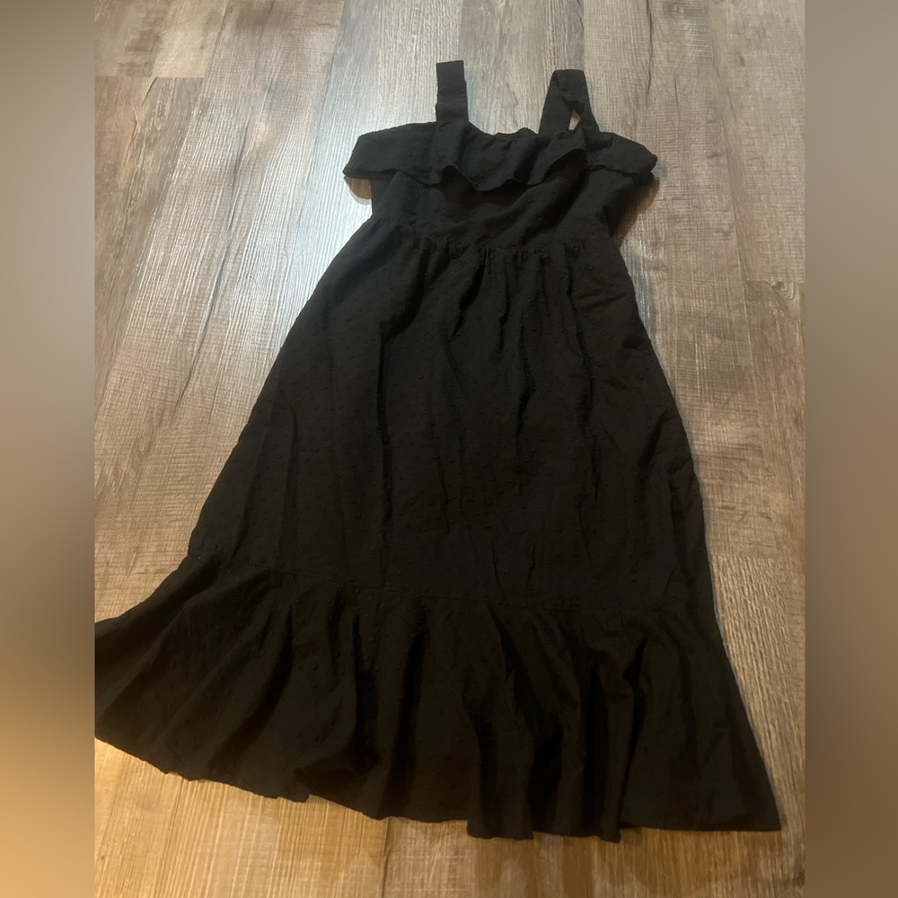 J Crew Eyelet Ruffle Midi Dress Women’s Sz 0 Black Square Neck Sleeveless Lined